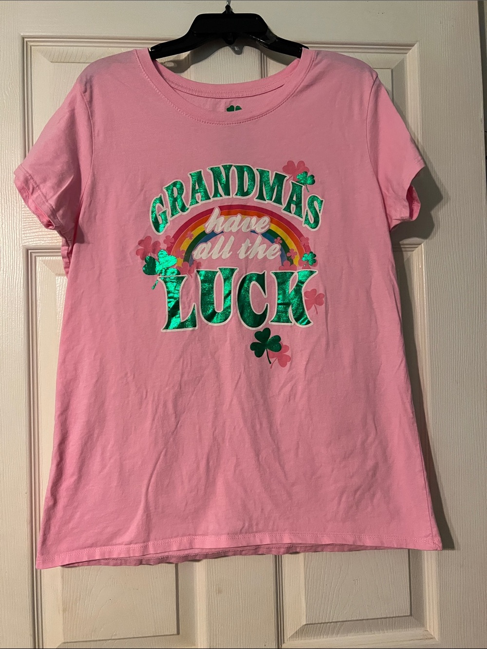 Lucky Brand Women’s Pink Tee with Green Foil 'Luck' Graphic. Size 2XL